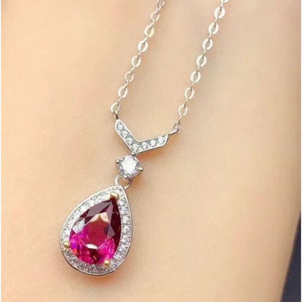 New Beautiful 925 Silver White Sapphire Ruby Teardrop Necklace